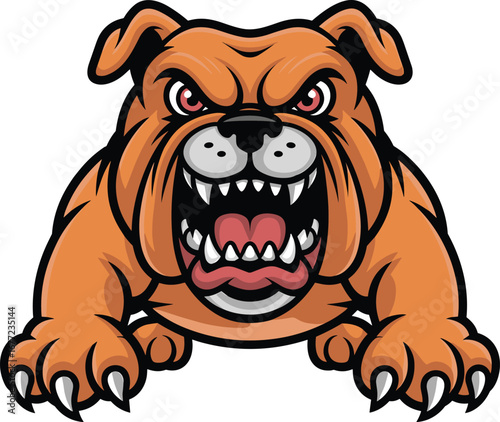 Aggressive cartoon bulldog crouching forward — red-eyed muscular dog with sharp teeth, claws extended, intense expression on white background