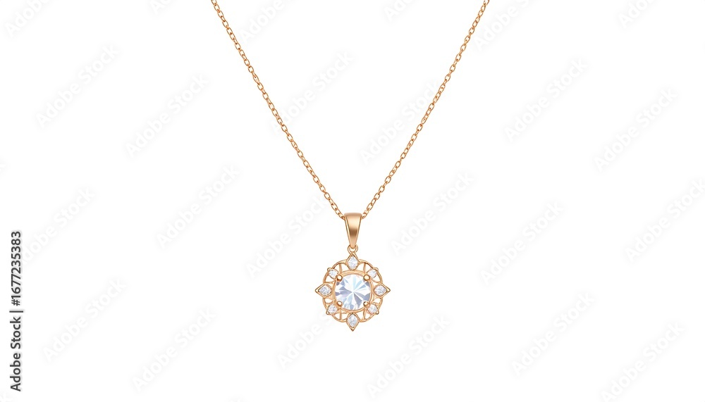 Fototapeta premium A delicate rose gold necklace pendant showcases a radiant light blue gemstone, encircled by intricate filigree detailing.