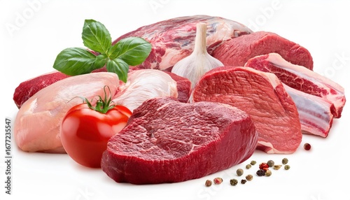 Assorted Raw Meat Isolated on White Background – Flying, Full Depth of Field