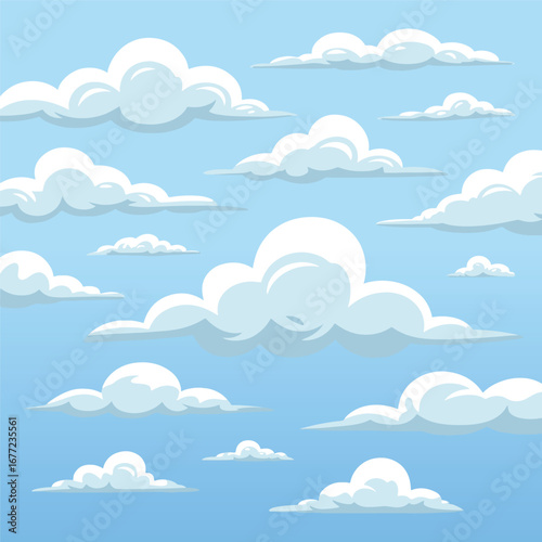 Beautiful blue sky background with scattered soft and fluffy white clouds on a clear day, vector illustration
