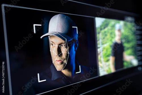 Deepfake, AI deep fake fraud or id scam. Face recognition. Identity theft with artificial intelligence technology. Video or photo editing with facial swap. People detection. Man in computer screen.