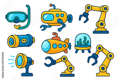 Vector icon set for underwater exploration and marine science research. Cartoon submarine, robotic arm, diving mask and other deep sea technology equipment for oceanography.