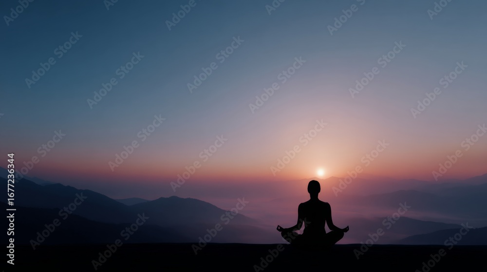 A serene scene of meditation at dawn. The individual sits peacefully as the sun rises in the background, casting beautiful colors across the sky. A perfect representation of tranquility. AI A serene scene of meditation at dawn. The individual sits peacefully as the sun rises in the background, casting beautiful colors across the sky. A perfect representation of tranquility. AI