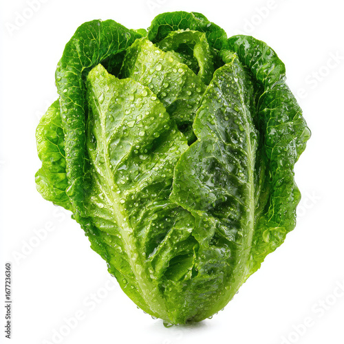 Fresh green romaine lettuce with water droplets isolated on white