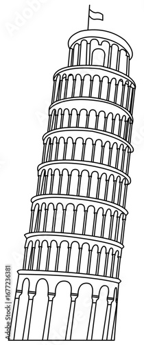 Detail Black Outline Leaning Tower of Pisa as Landmarks of Italy