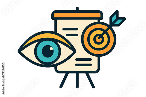 Eye observing target on presentation board with arrow hitting bullseye business vision planner