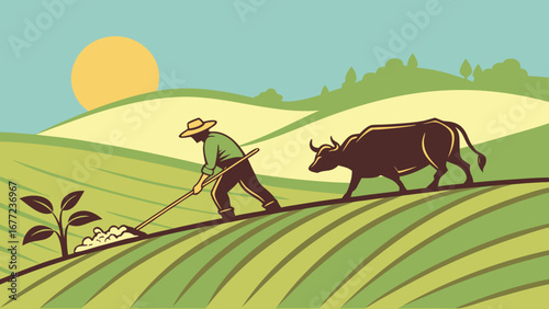 Vector illustration of a cow with farmer in the field, rural agriculture and livestock farming concept