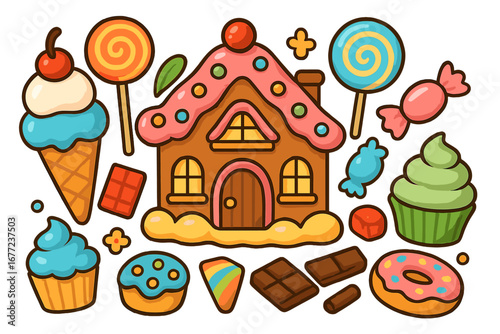 Gingerbread house in a candy land dreamscape. A cute collection of sweets and desserts. Includes ice cream, lollipops, cupcakes, and chocolate. Cartoon vector illustration set.