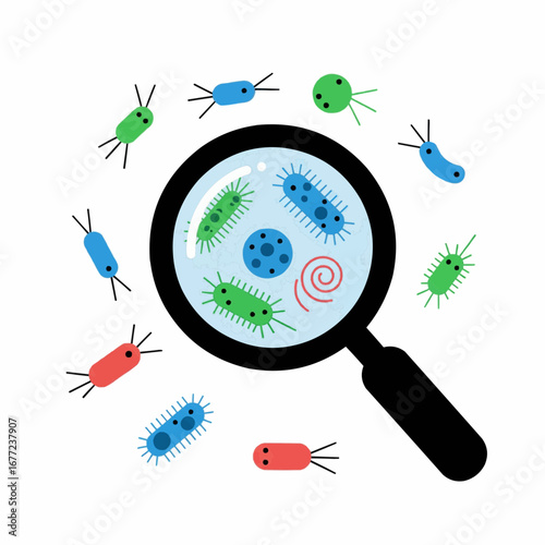 Colorful Bacteria Under a Magnifying Glass in a Scientific Illustration