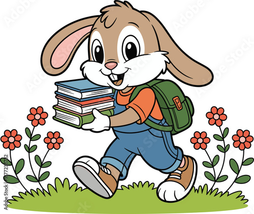 Cartoon bunny walking with books — cheerful school character in overalls with flowers, backpack, and educational theme for kids’ content