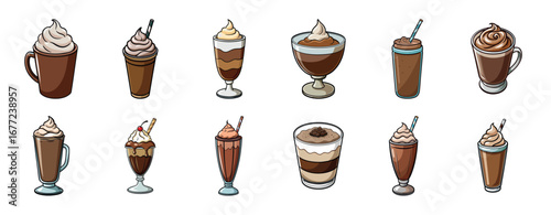 Glossy Realistic Chocolate Drinks and Beverages on White Background