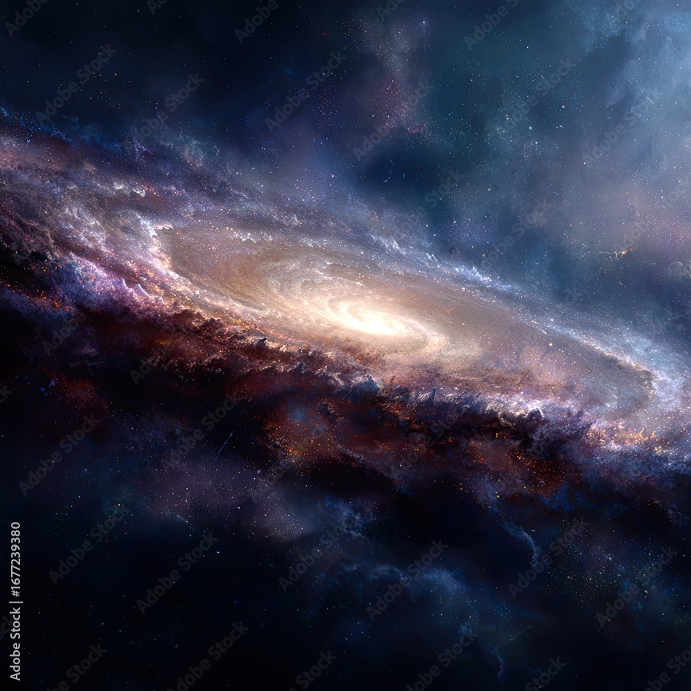 Fototapeta premium A vibrant spiral galaxy, swirling with hues of pink, purple, orange, and blue, set against a backdrop of dark space speckled with distant stars