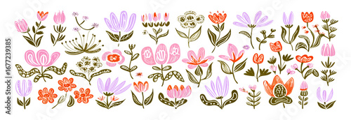 Collection of Hand-Drawn Floral Elements: Pink, Orange, Purple Flowers