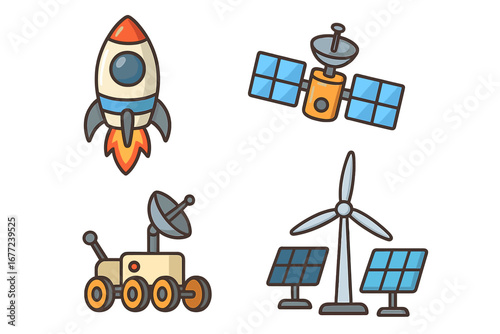 Vector set of space exploration and green energy icons. Cartoon rocket, satellite, planetary rover, wind turbine, and solar panels. Technology and science innovation concept.