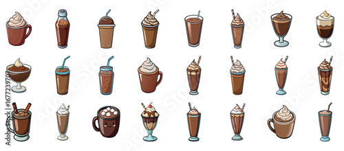 Delicious Glossy Chocolate Milkshakes, Smoothies, and Hot Cocoa on White Background
