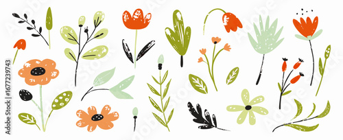 Hand-drawn Floral Elements: Orange, Green Flower Clipart