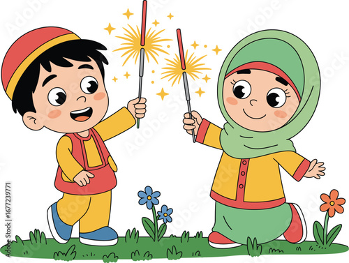 Cartoon children celebrating with sparklers — smiling boy and girl in festive outfits on grassy patch with colorful flowers and bright sparks