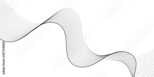 Dynamic wavy pattern of dotted lines in gradient black tones, flowing horizontally with overlapping curves that give depth and motion, resembling sound waves, data visualization, or digital abstract a