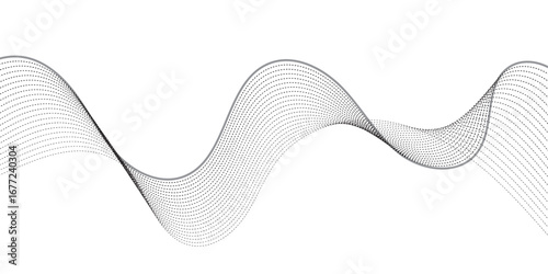 Dynamic wavy pattern of dotted lines in gradient black tones, flowing horizontally with overlapping curves that give depth and motion, resembling sound waves, data visualization, or digital abstract a