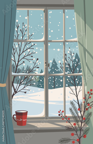 Snowy window view with a cozy atmosphere during winter season
