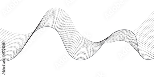 Dynamic wavy pattern of dotted lines in gradient black tones, flowing horizontally with overlapping curves that give depth and motion, resembling sound waves, data visualization, or digital abstract a