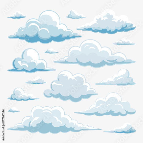 A large collection of gentle and serene light blue cartoon clouds in various shapes and sizes, vector illustration