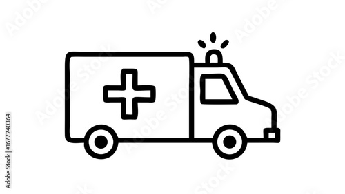 Ambulance vehicle line icon featuring an activated flashing light for urgent medical transportation.