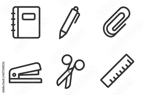 A set of school supplies including a ruler, scissors, and a pen. The supplies are arranged in a row, with the ruler on the far right. vector