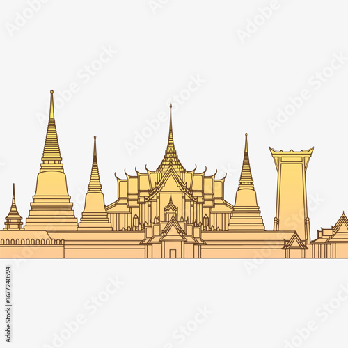 A beautiful golden skyline illustration of the Grand Palace, a historical landmark in Bangkok, vector illustration