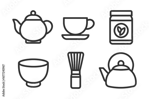A set of six black and white icons of kitchen items, including a tea kettle, a tea cup, a tea pot, a tea bag, a tea infuser, and a tea bowl. vector