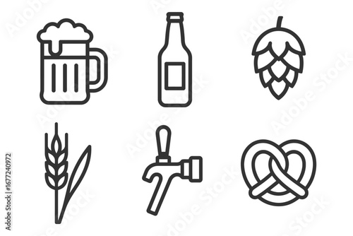 A variety of icons representing different aspects of beer culture. There are six icons in total, including a mug, a bottle, a tap, a leaf. vector