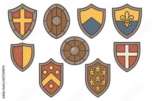 Set of medieval shields. Collection of knightly heraldic shields with coat of arms. Vector icons for fantasy games. Protection, battle, and security symbols. Viking armor.