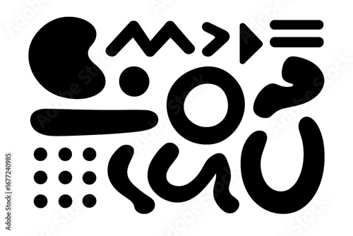 Set of abstract black shapes. Collection of minimalist hand-drawn doodle elements. Modern geometric and organic forms for design. Vector illustration for background or pattern.