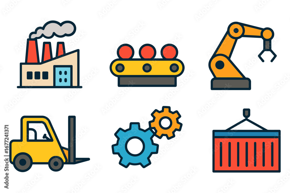 Naklejka premium A variety of industrial equipment, including a forklift, a crane, and a factory building. Scene is one of productivity and efficiency. vector