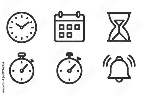 A set of six different clock faces, each with a different time displayed. The clocks are arranged in a row, with the first clock on the left. vector