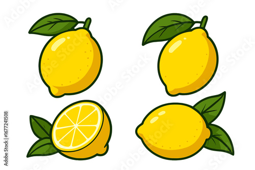 Lemon fruit vector icon set. Fresh yellow citrus with green leaves. Healthy food cartoon illustration. Whole and half sliced lemon for lemonade juice or decorative design element.