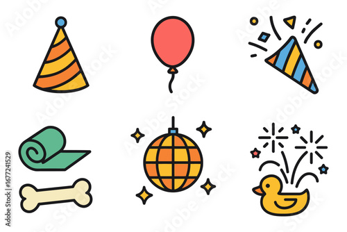A set of six cartoonish party icons, including a party hat, a balloon, a disco ball, a duck, a bone, and a balloon. vector