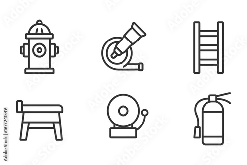 A set of six black and white icons for firefighting equipment. The icons include a fire hydrant, ladder, hose, and a fire extinguisher. vector