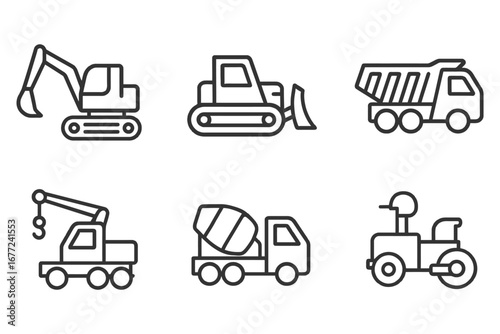 A series of black and white drawings of construction vehicles. The vehicles include a backhoe, a dump truck, a cement mixer, a crane. vector
