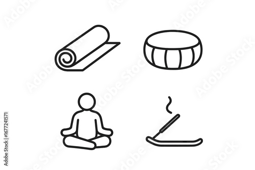 Yoga and meditation essentials icon set. Linear outline symbols for spiritual retreat, wellness, mindfulness, relaxation, harmony, and mental health. Yoga mat, cushion, pose.
