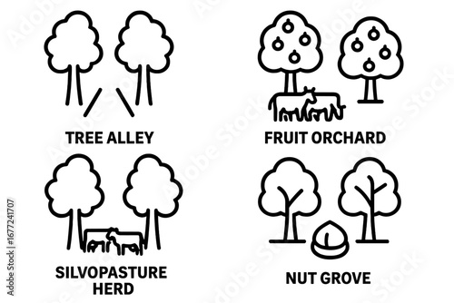 Agroforestry outline icons set. Sustainable agriculture and farming systems. Vector illustrations of tree alley, fruit orchard, silvopasture herd, and nut grove concepts.