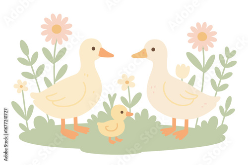 Cute duck family with duckling in spring garden with flowers. Adorable cartoon vector illustration for kids. Farm animal birds in nature. Flat design in pastel colors.