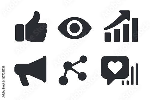Social media marketing icons. Analytics and metrics symbols. Likes, views, impressions, reach, engagement. Vector glyphs for business promotion and strategy. Data growth.