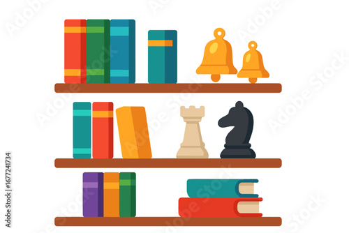 Bookshelves with colorful books for education, learning, and knowledge from a library or bookstore. Chess pieces, a knight and rook, for strategy, logic, and a timeless game.