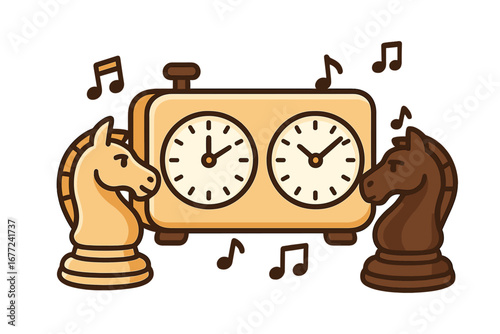 Chess game concept with clock and knight pieces. Competition and strategy symbol. Timeless game metaphor with musical notes for rhythm of thought. Vector cartoon illustration.