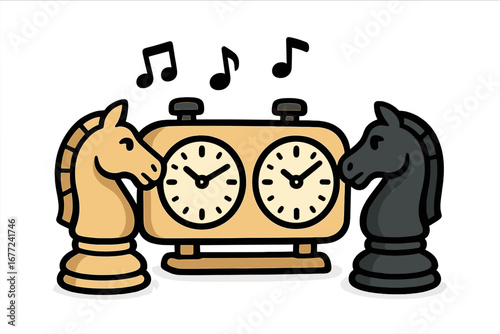 Chess game concept with knight pieces and clock. Symbol of competition, strategy, deep thought, and tactics. Black and white vector cartoon with musical notes for rhythm.
