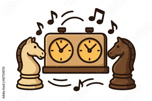 Chess clock with knight pieces. Competitive strategy in a timeless game. Concept of tactics, intellectual battle, time pressure. Musical notes suggest rhythm of deep thought.
