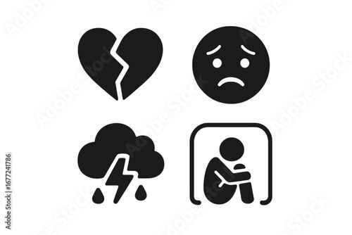 Anxiety icons set for mental health concepts. Solid glyph vector illustration of depression, stress, worry face, broken heart, loneliness, isolation, grief and mood disorder.