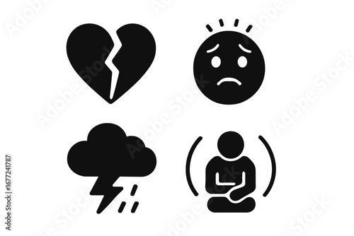Anxiety solid icon set. Mental health, depression, stress, psychology concept. Broken heart, relationship problem, worry face, storm cloud, bad mood, isolation, loneliness.