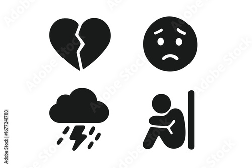 Anxiety and depression solid glyph icon set. Mental health, stress and sad mood concepts. Broken heart, worry face, storm cloud, loneliness and isolation vector symbols.